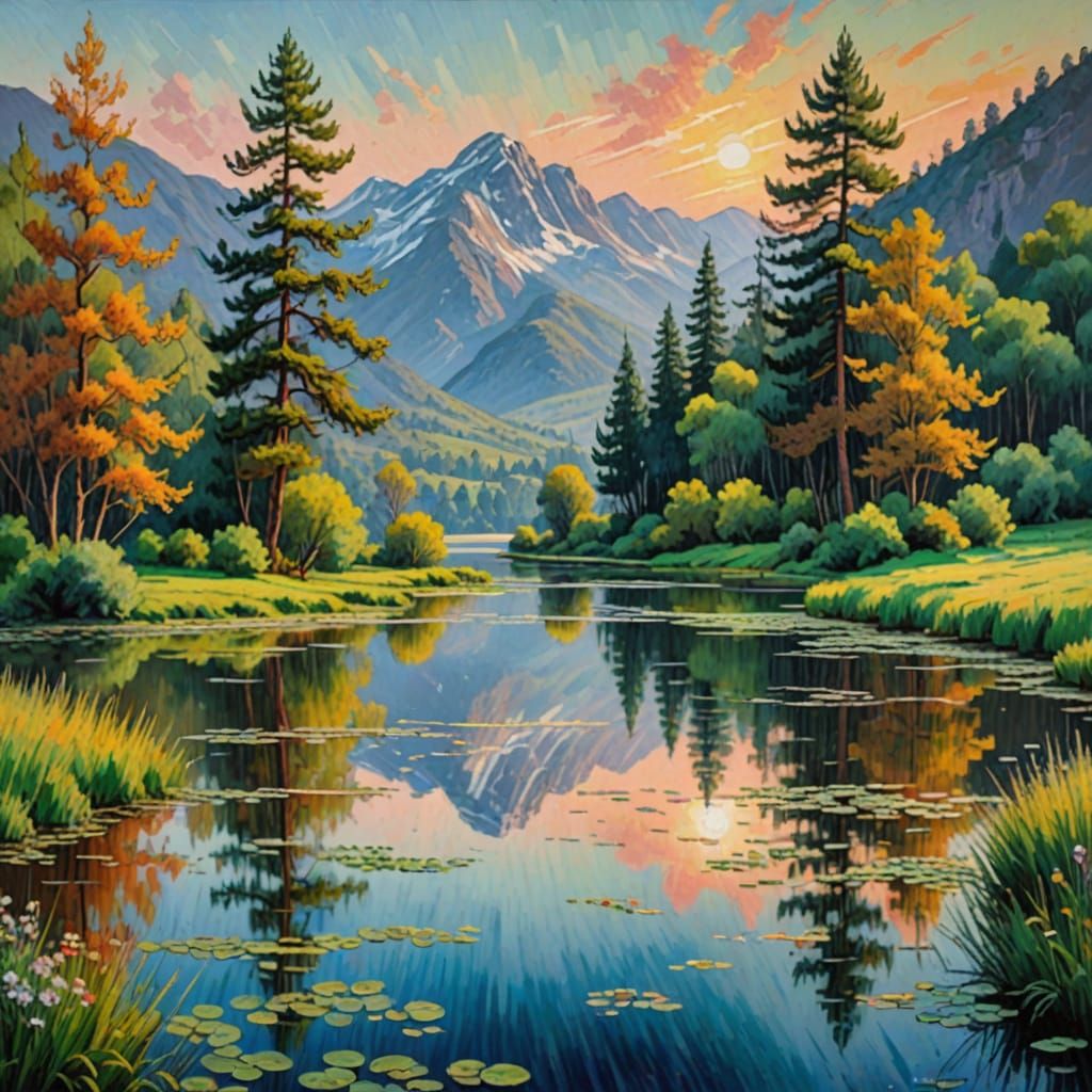 Impressionist Landscape with Gentle Boats on a Serene Lake