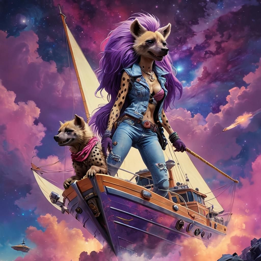 Psychedelic Nebula: Furry Hyena in Intergalactic Sailboat