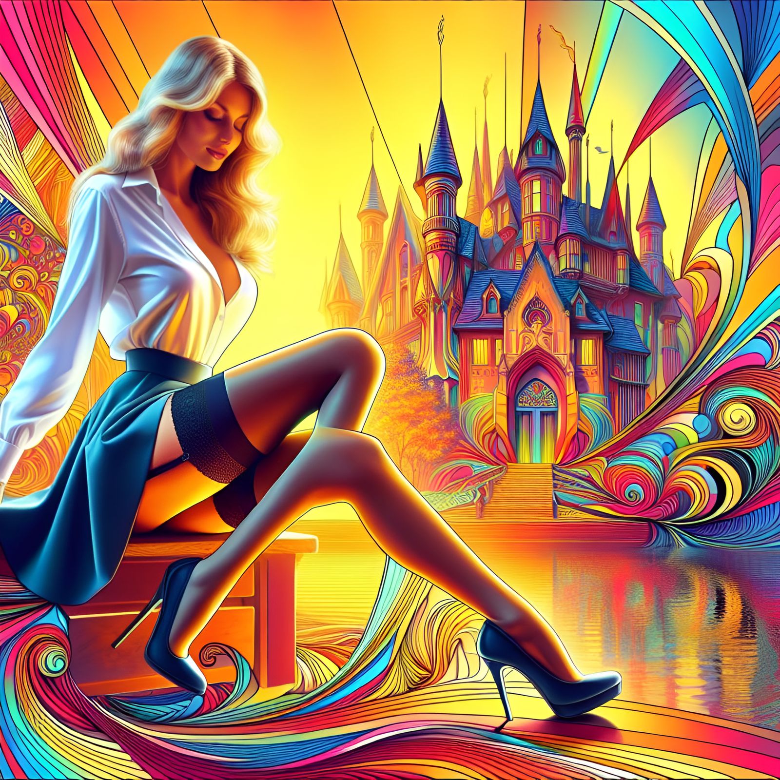 Woman in Miniskirt at Psychedelic Castle, Art Nouveau