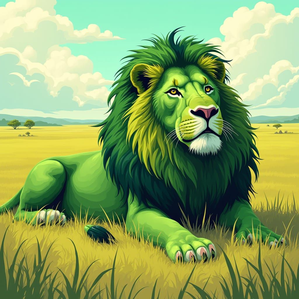 Majestic Green Lions in Savannah, Digital Art