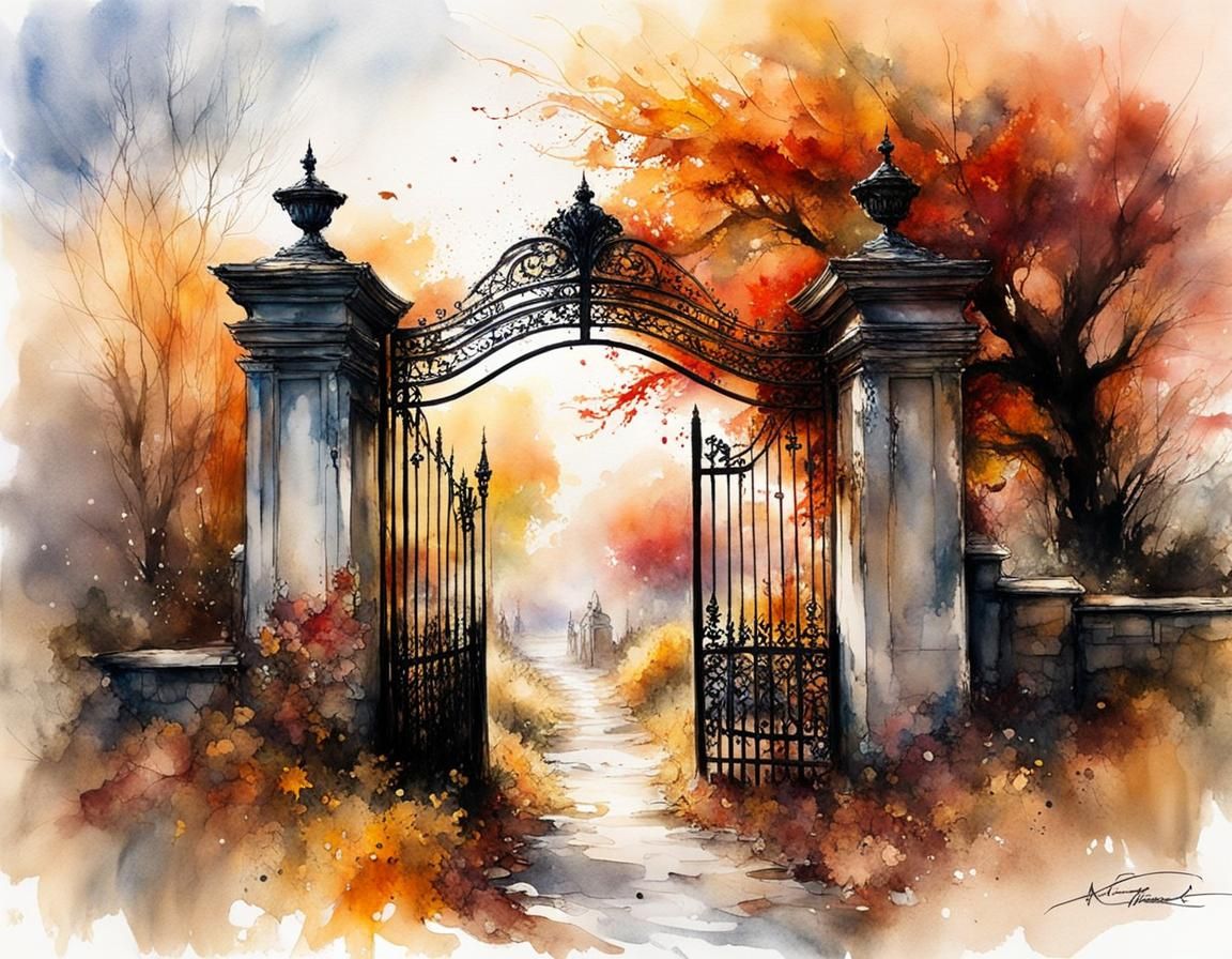 Fantasy Gate to Heaven: Watercolor Autumn Landscape