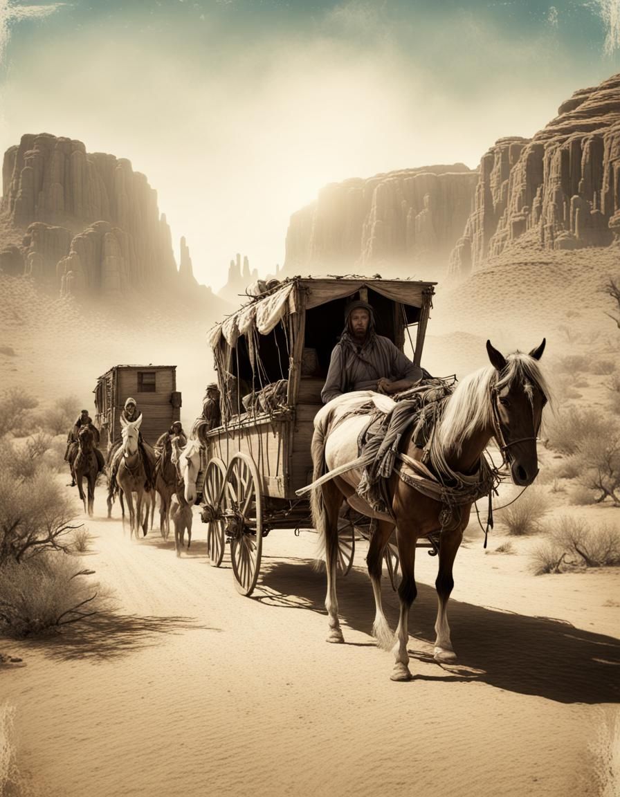 Old and worn photograph 1800s. Far west. Wagon caravan of th...