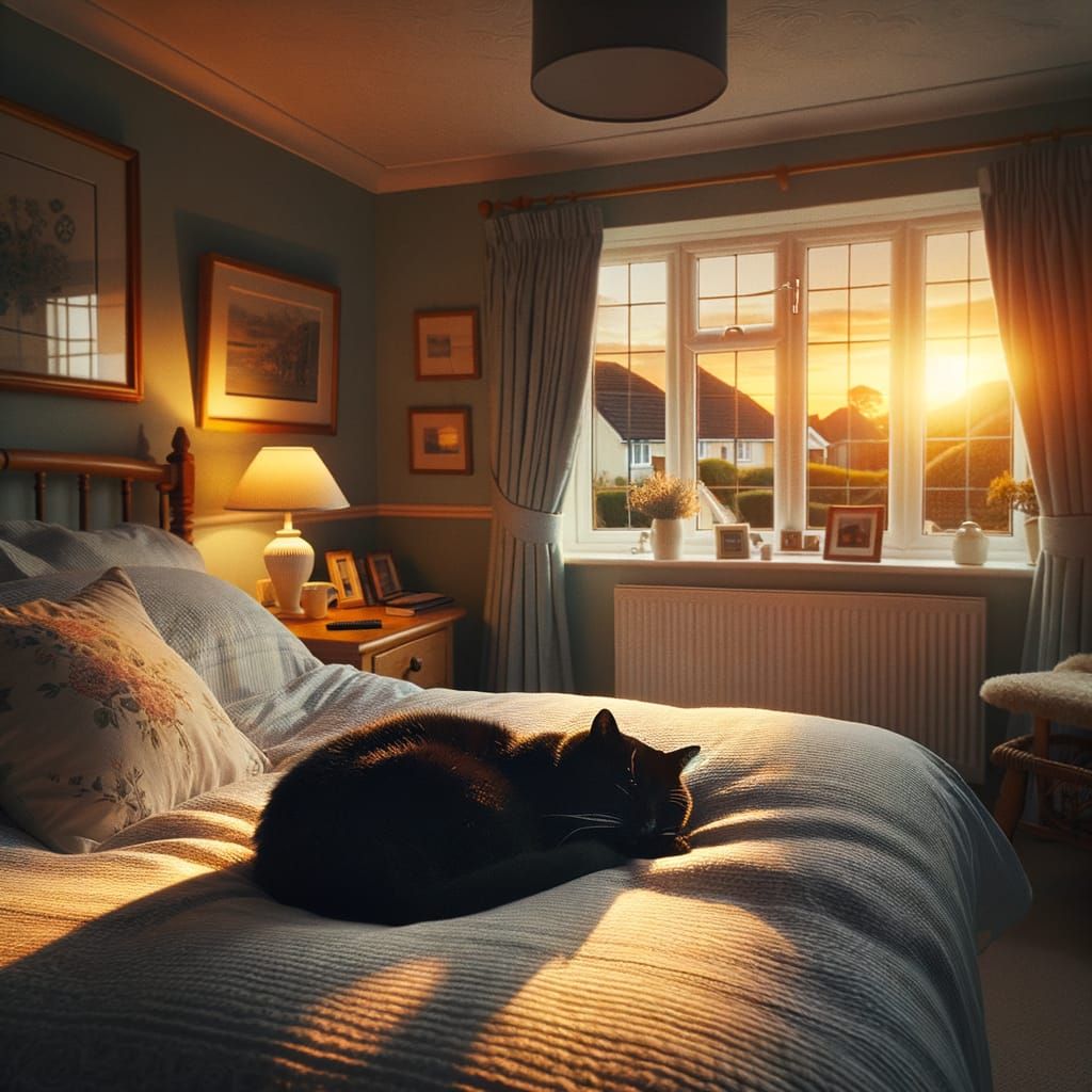 Cozy English Suburban Bedroom Scene with a Content Black Cat