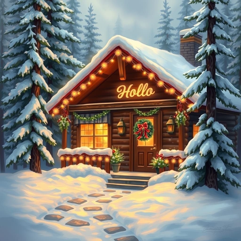 Cozy Winter Cabin with Festive Lights