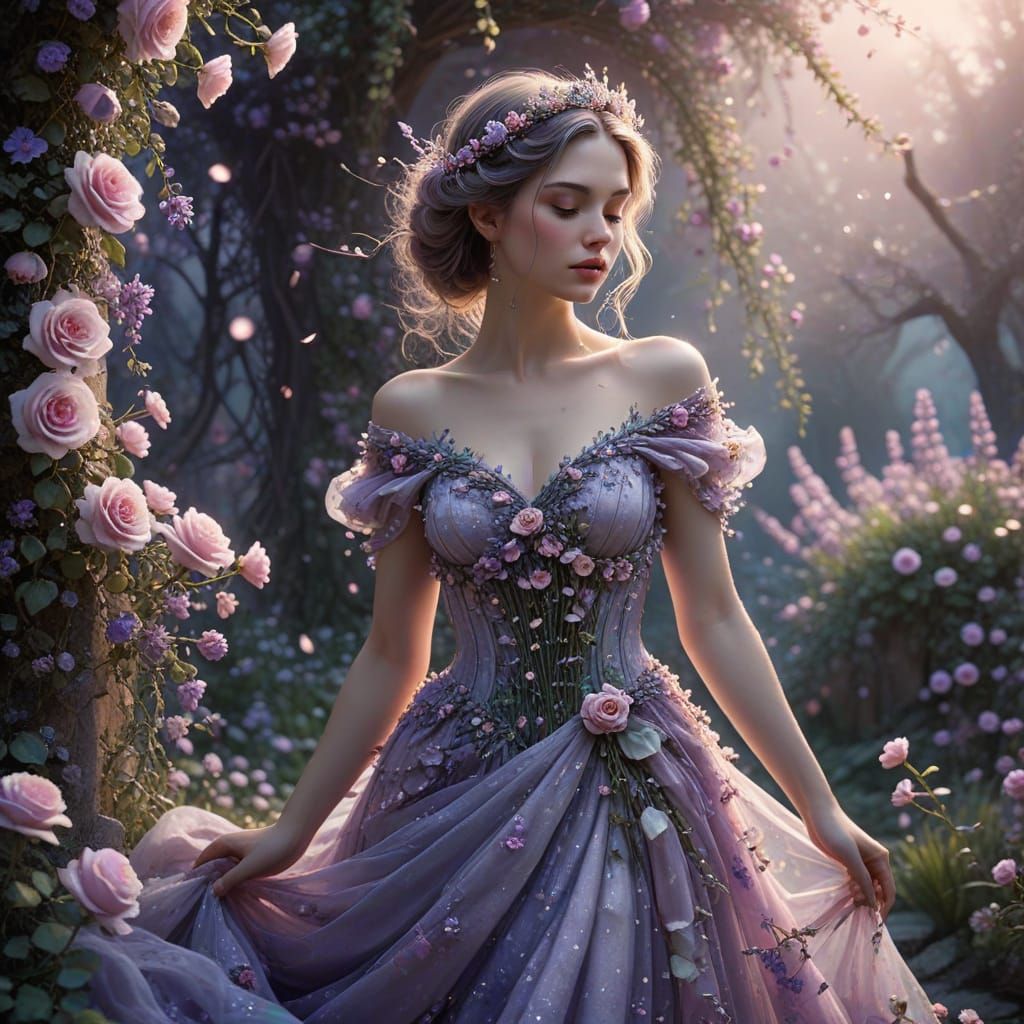 Ethereal Woman in Floral Gown Under Moonlight