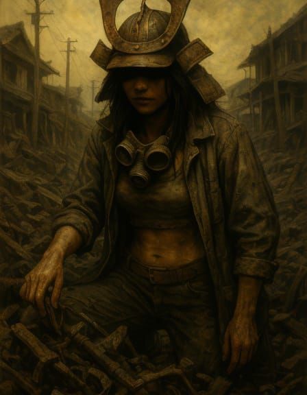 Woman in Gritty Oil Painting, Wearing Rustic Samurai Helmet ...