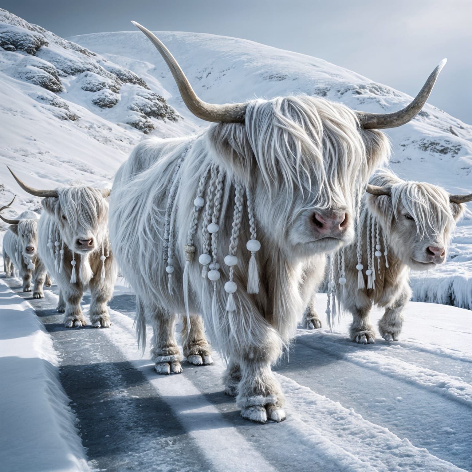 Albino Highland Cows in Snowy Scottish Scene