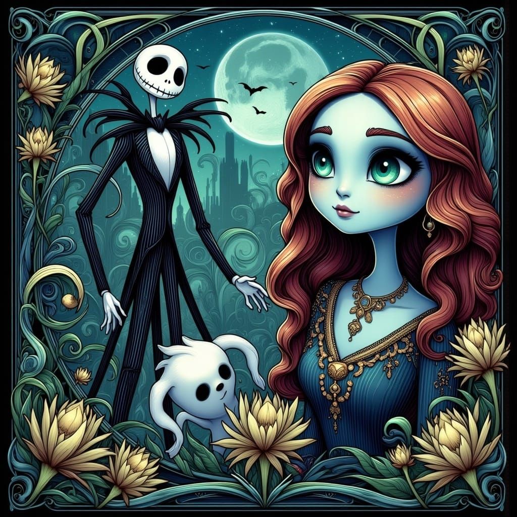 Jack Skellington and Sally Stroll with Ghostly Companion Zer...