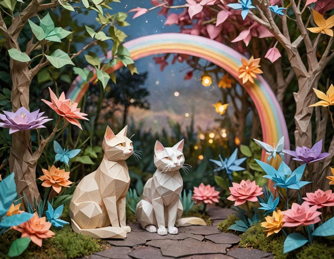 Papercraft Cat and Fairy in Origami Garden