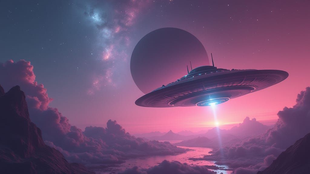 Ethereal UFO Near Black Hole in Pastel Cosmic Colors