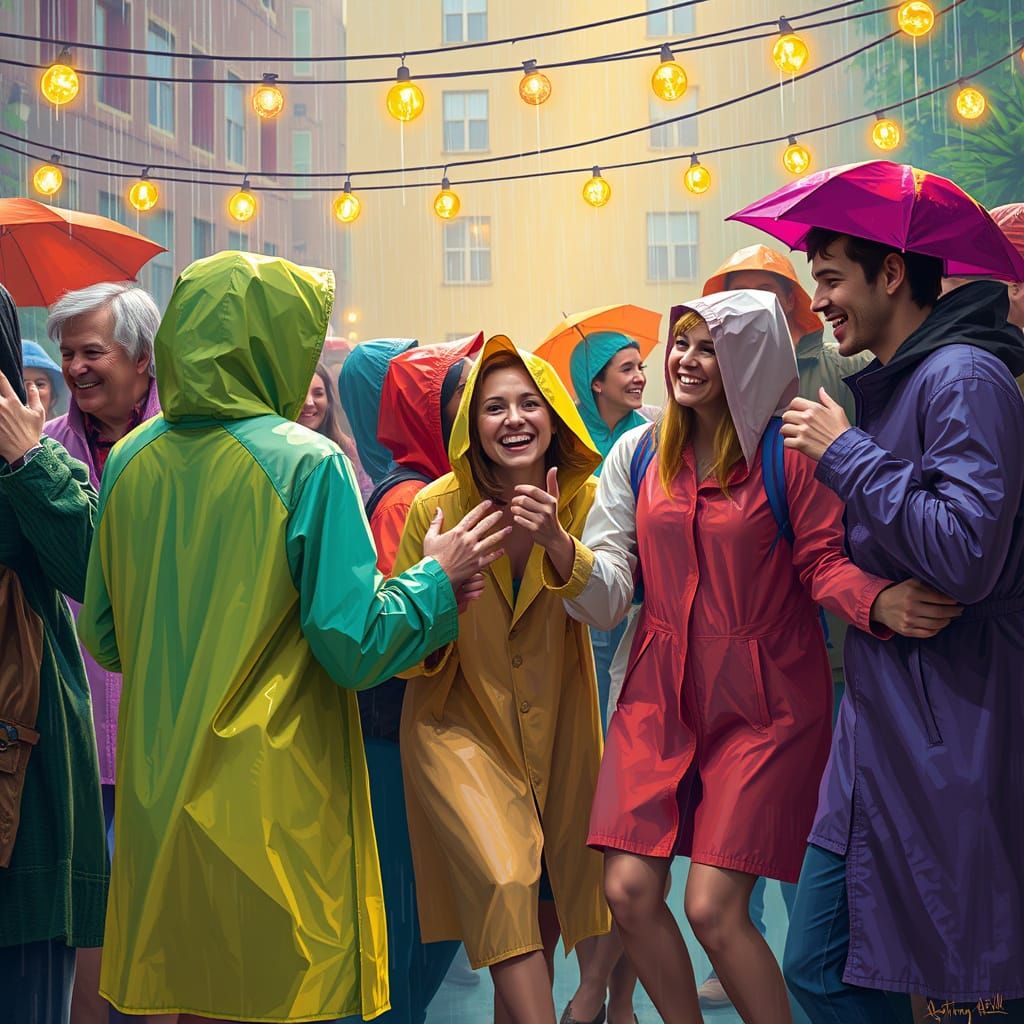Joyful Summer Rain Party in Digital Painting Style