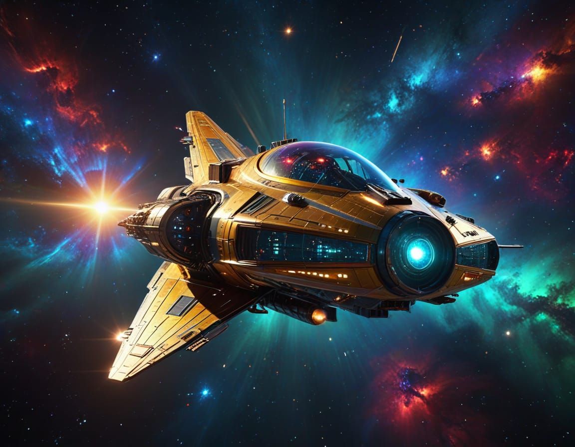 Majestic Retrofuturistic Spaceship Soars Through Cosmic Gala...