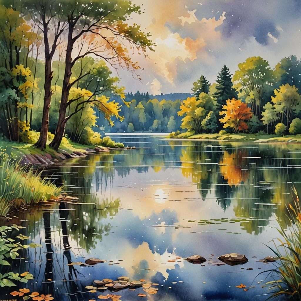 Lake After Rain in Romantic Watercolor Style