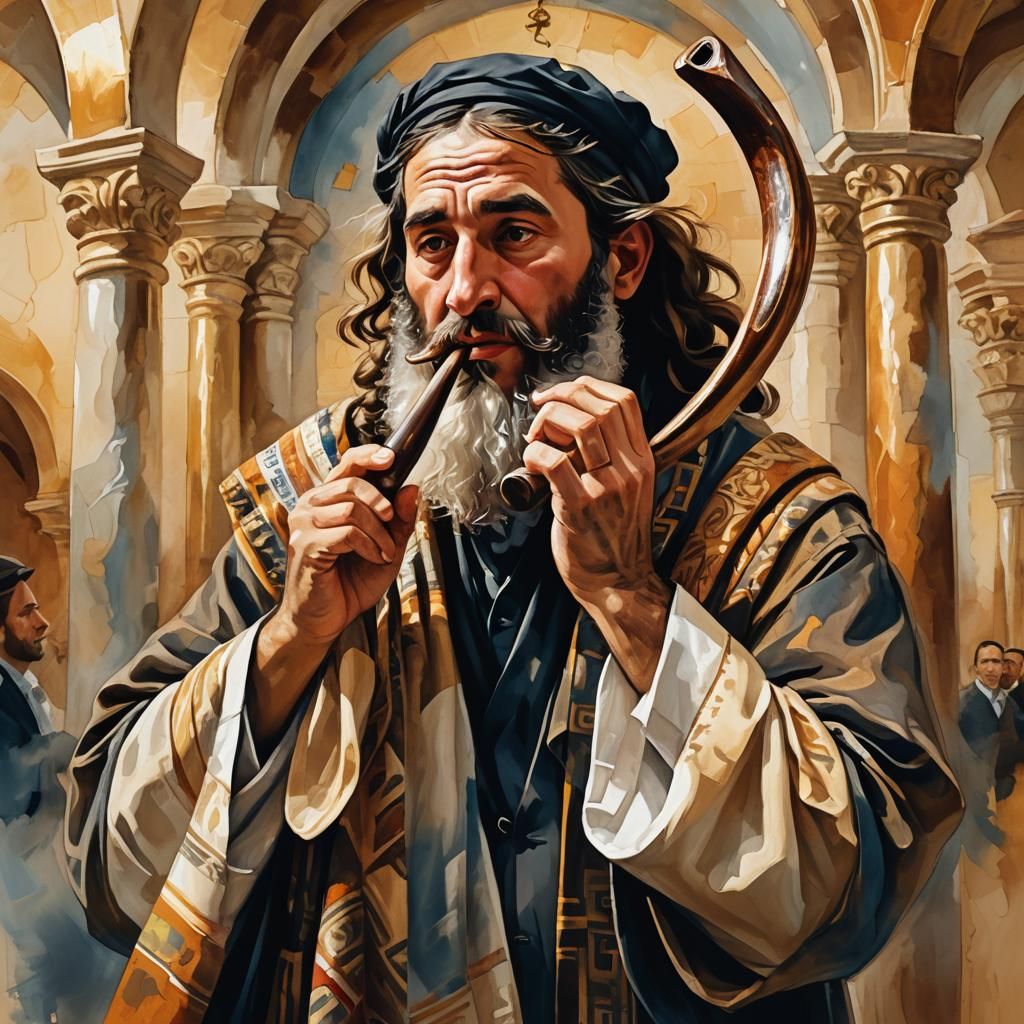 Orthodox Jew Blowing Shofar: Vibrant Oil Painting