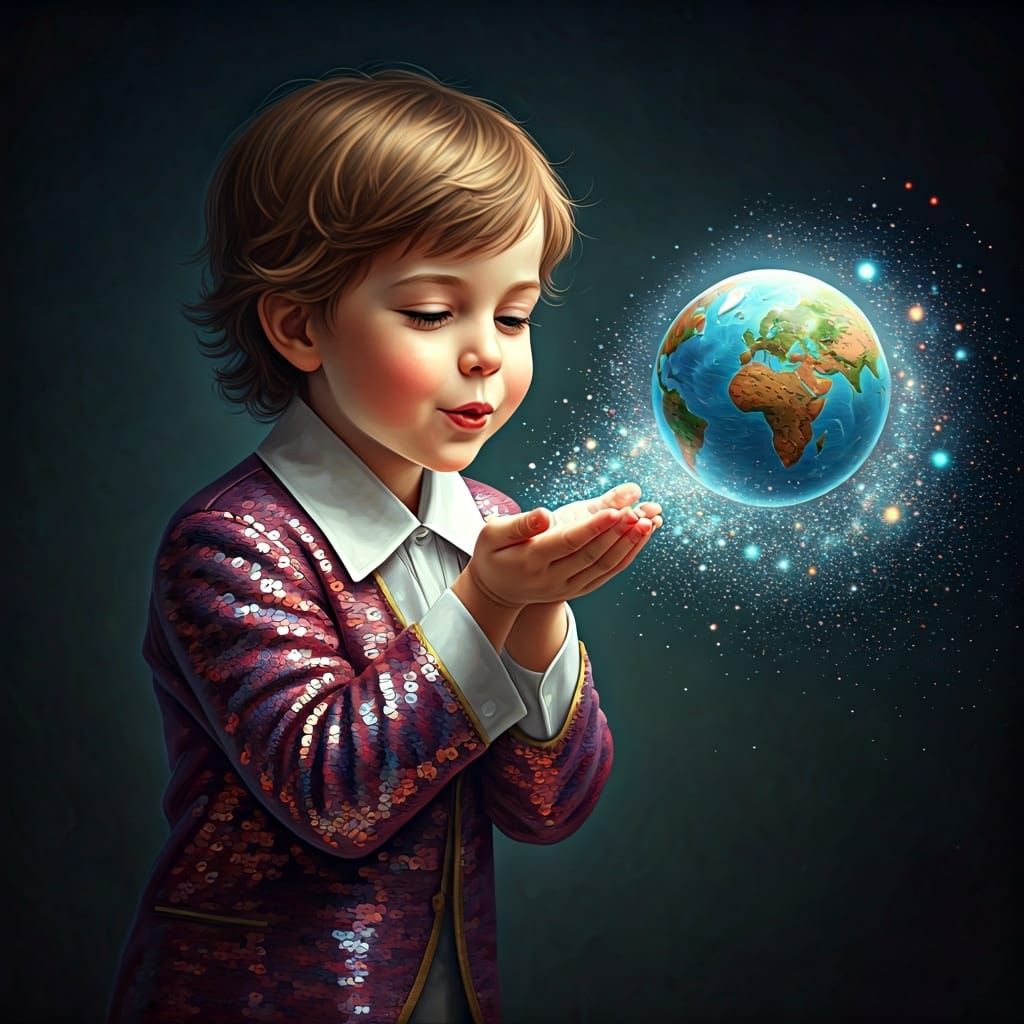 Boy with Magical Dust: Dreamy Oil Painting