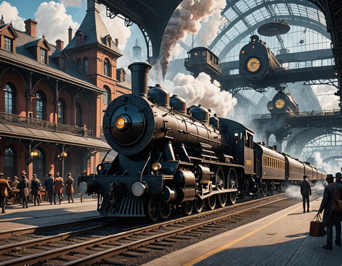 Steam Train Arrives in a Futuristic City
