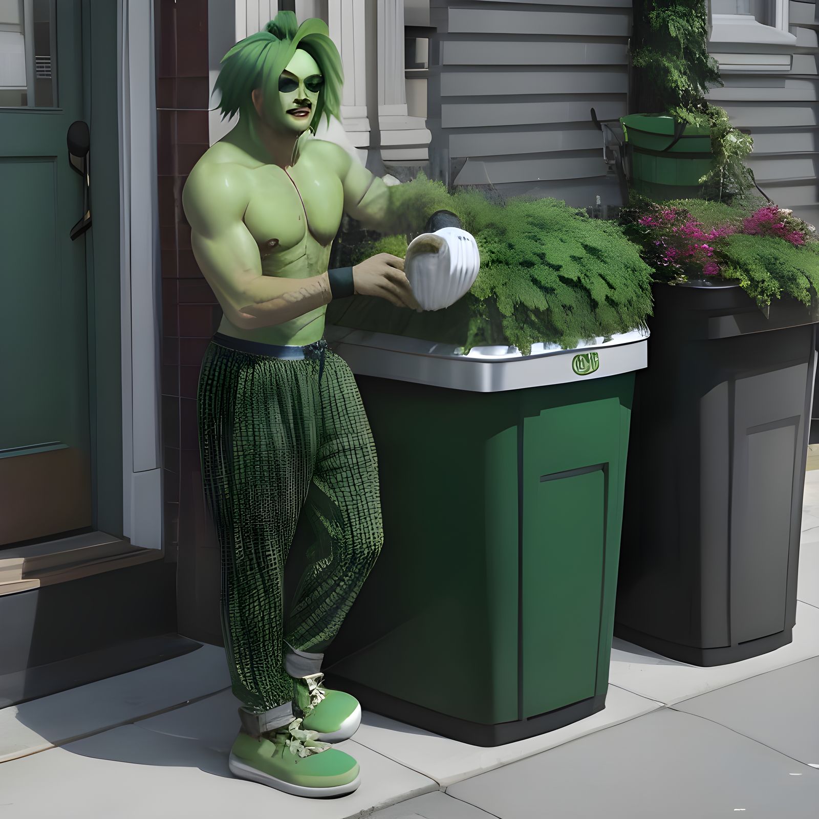 A man with green hair wearing a trash can pretending to be O...