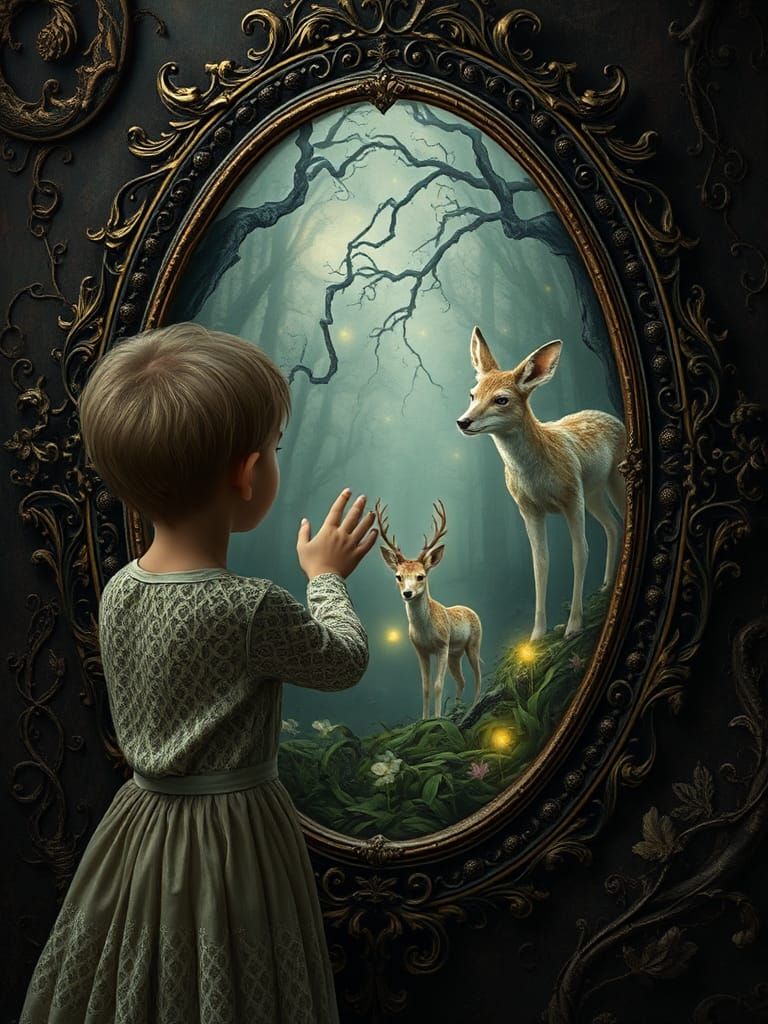 Monochrome Mirror: Surreal Fairy Tale Transformation