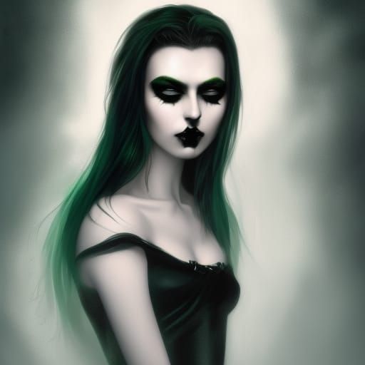 Ethereal Gothic woman with emerald green eyes& jet block hair& Black&green eyeshadow& Black eyeliner& Black lipstick& we...