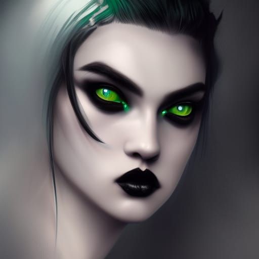 Ethereal Gothic woman with emerald green eyes& jet block hair& Black&green eyeshadow& Black eyeliner& Black lipstick& we...