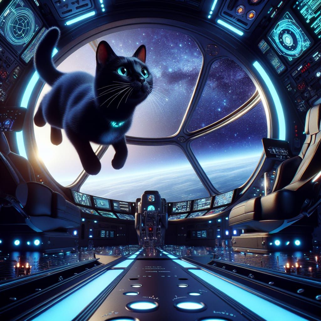 Black Cat in Zero-Gravity Cockpit of Space Plane