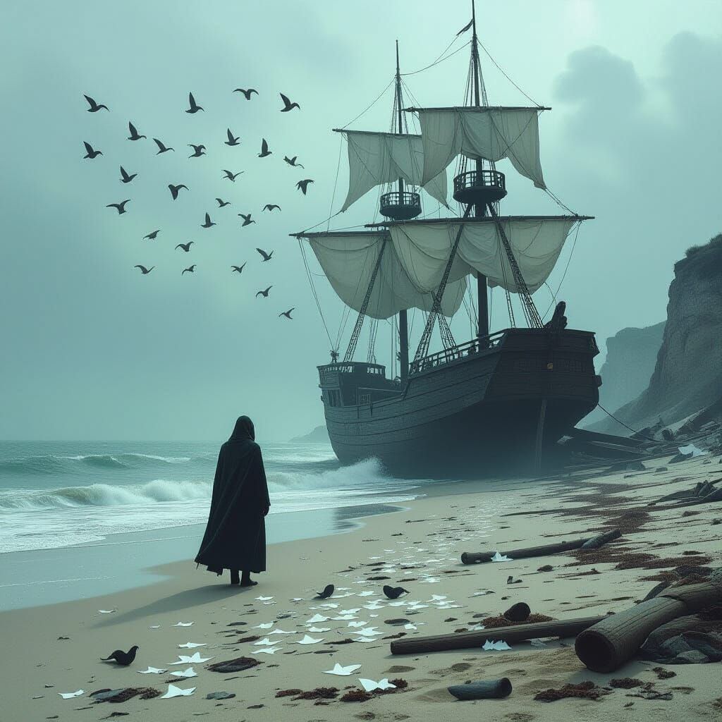 Ship of Fools: Melancholy Beach Scene in Dark Surrealism Sty...
