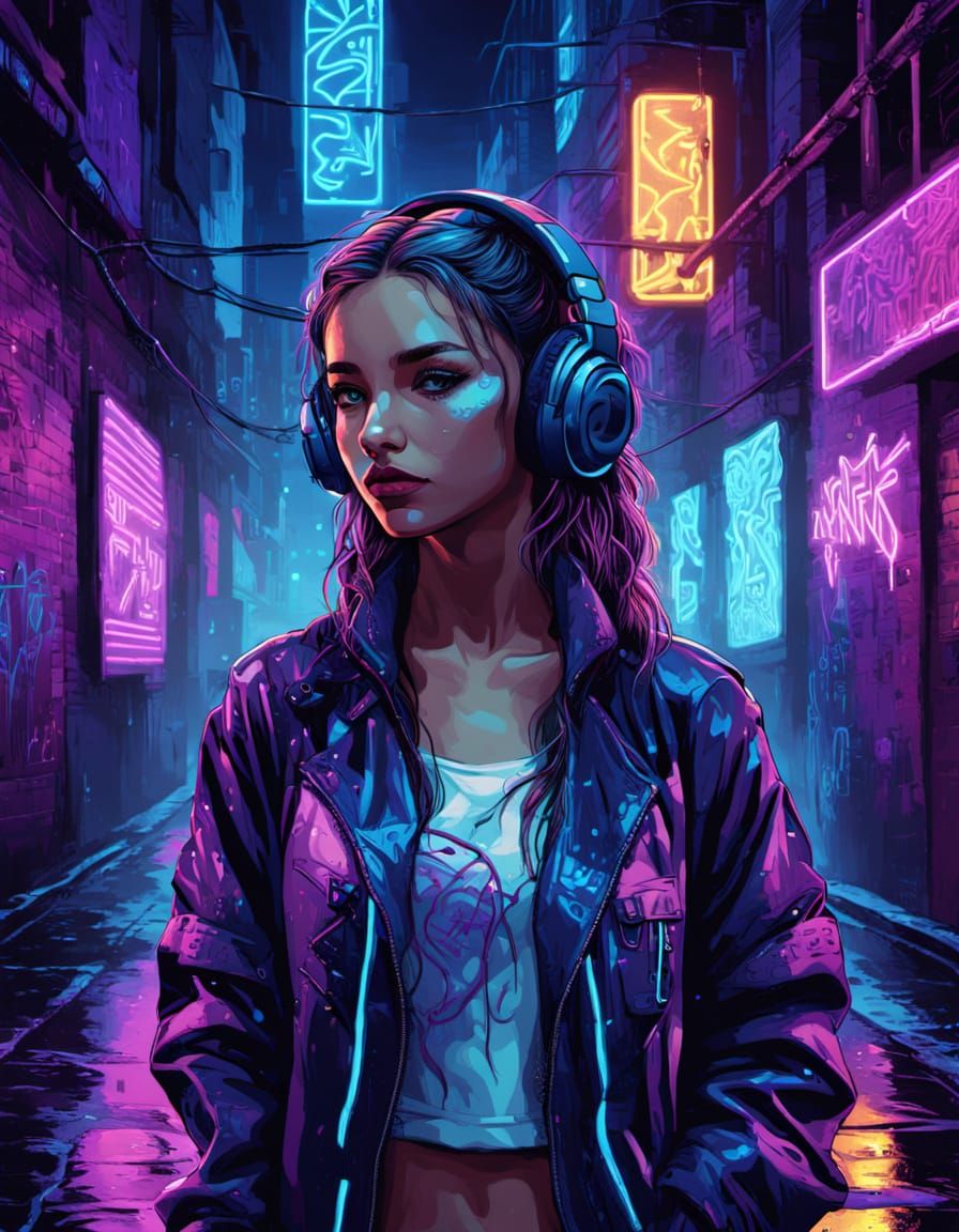 Cyberpunk Girl in Neon Alley Mural
