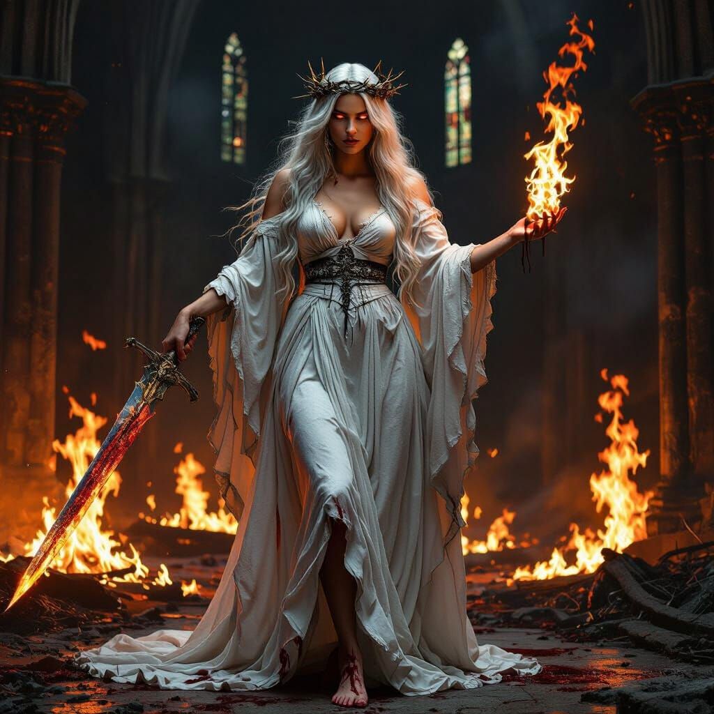Goddess of Defiance in Burning Cathedral, Gothic Horror