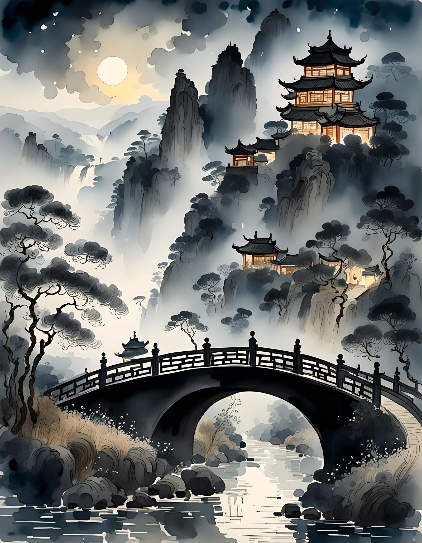 Dark Chinese Ink Landscape with Foggy Bridge