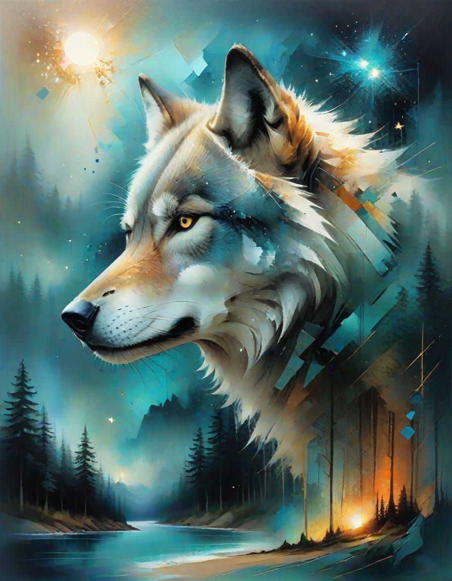 Wolf's Head in Shattered Vintage Square Explosion