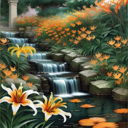 Tiger Lilies in Watercolor, Pre-Raphaelite Anime Style