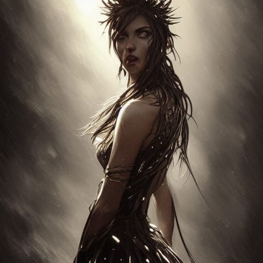 Angry Woman in Metal Dress: Detailed 8K Portrait