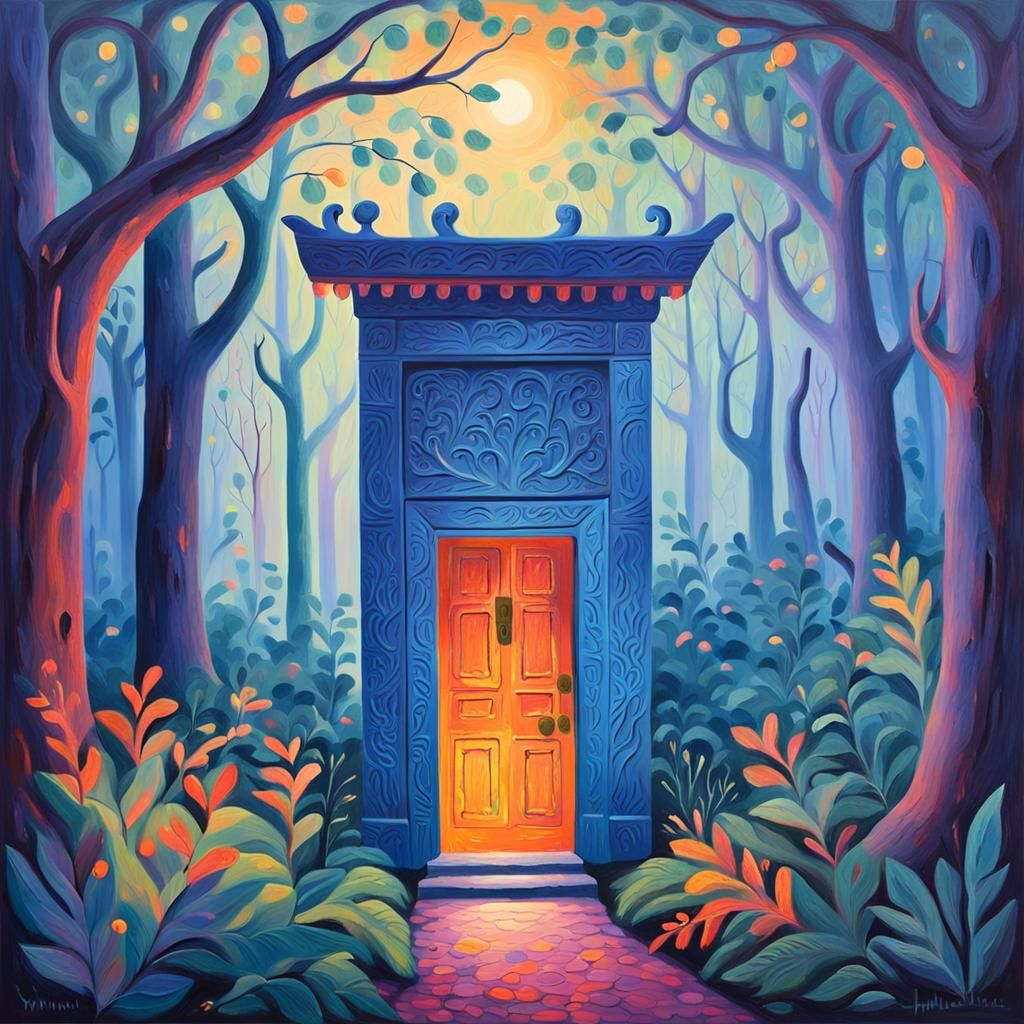 Mystical Door in Eerie Forest, Fauvist Painting