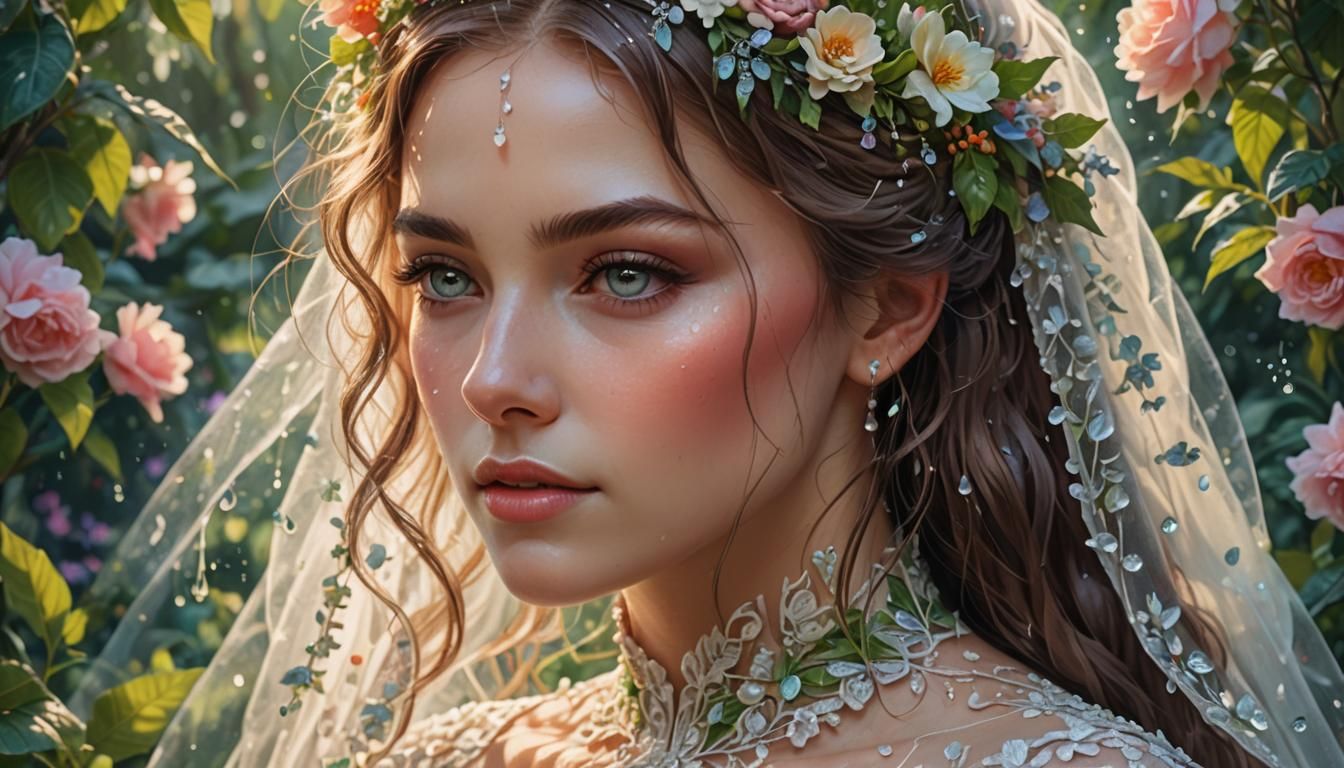 Beautiful Bride in Lush Garden: Fantasy Illustration
