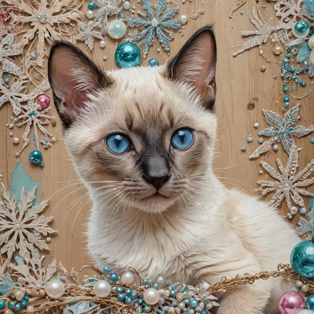 Whimsical Christmas Siamese Kitten Collage in Soft Pastels