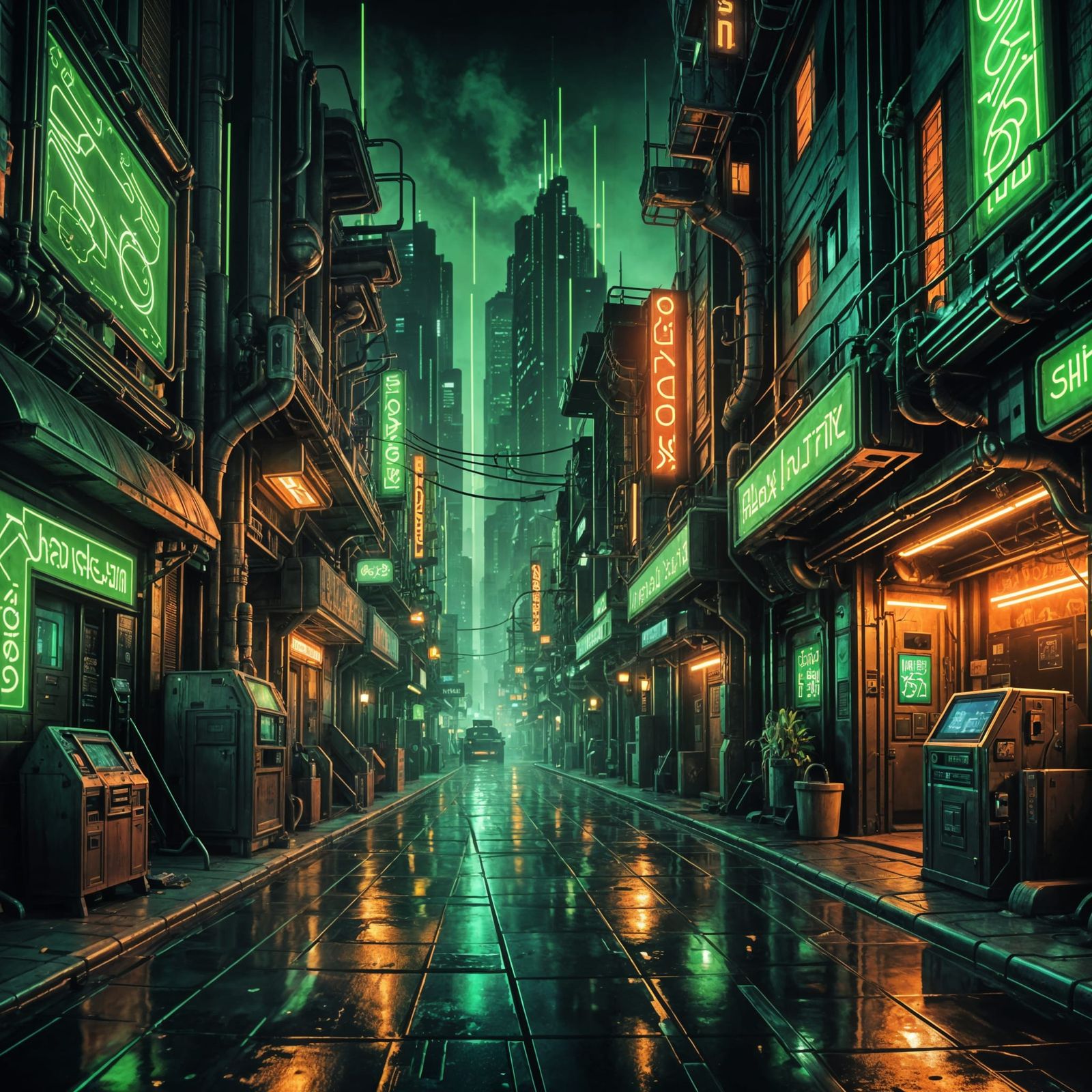 Cyberpunk Cityscape with Steampunk and Art Deco Neon