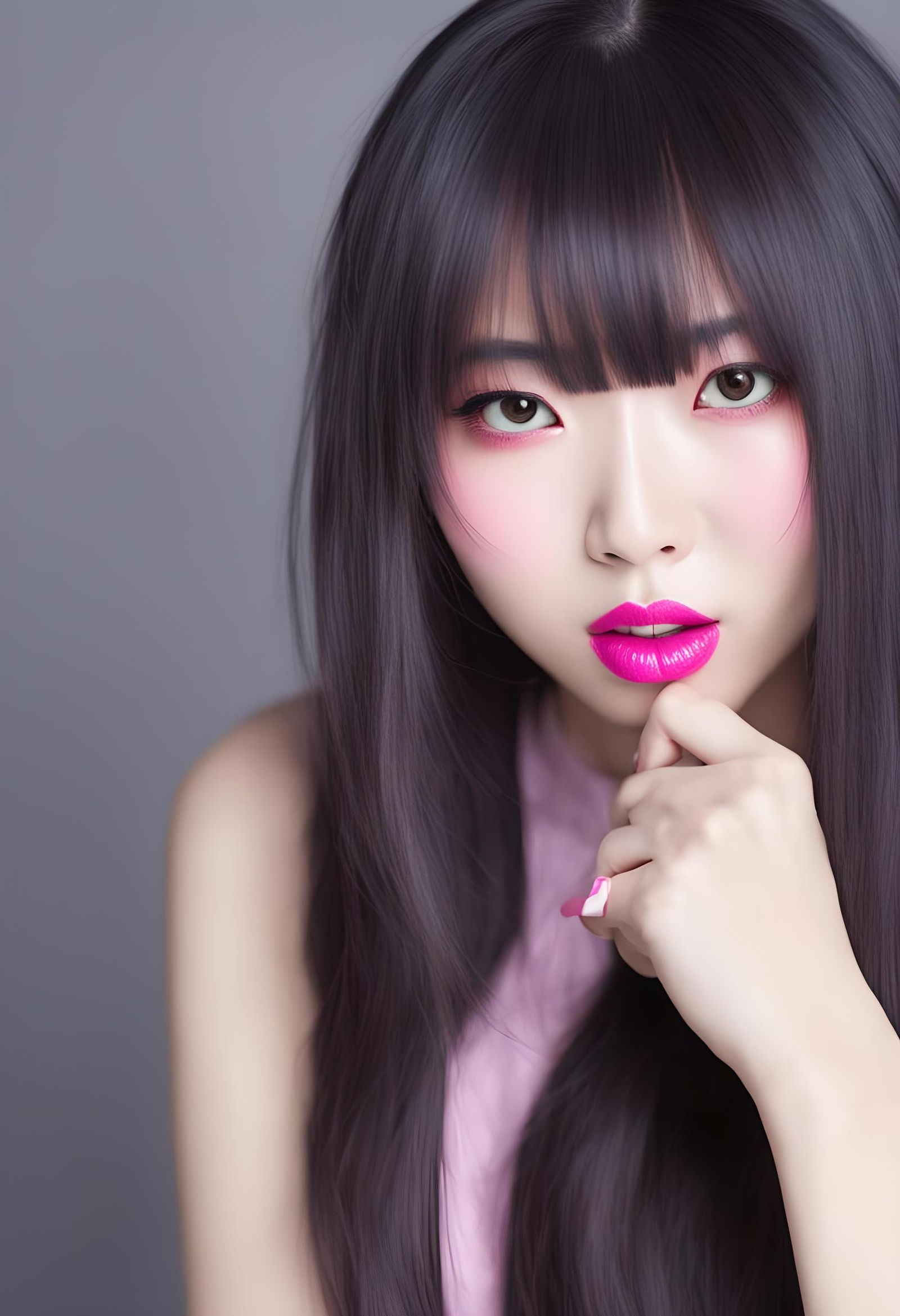 Expressive Japanese Girl with Pink Lipstick