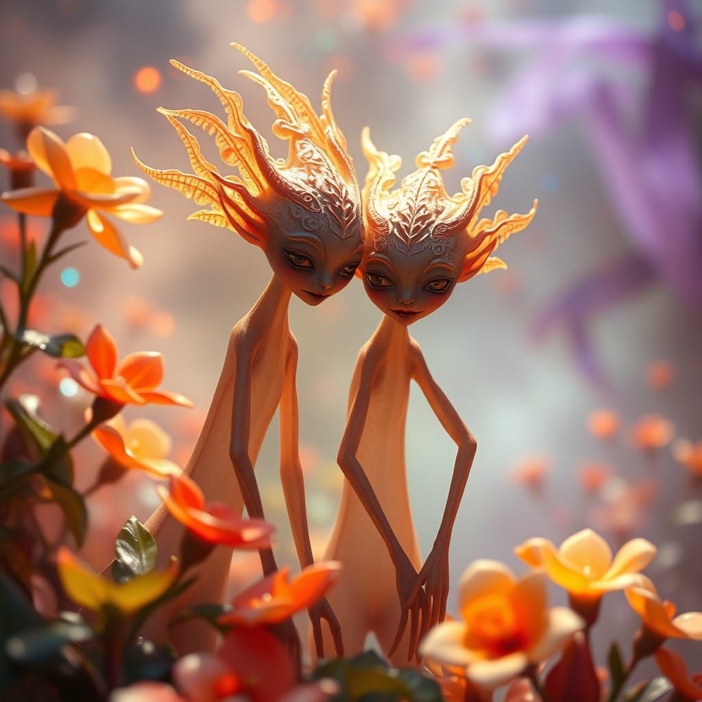 Slender, Ethereal Beings Amidst Vibrant, Iridescent Flora