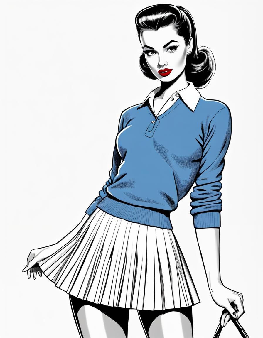 1950s Brunette in Tennis Outfit: Black and White Line Art