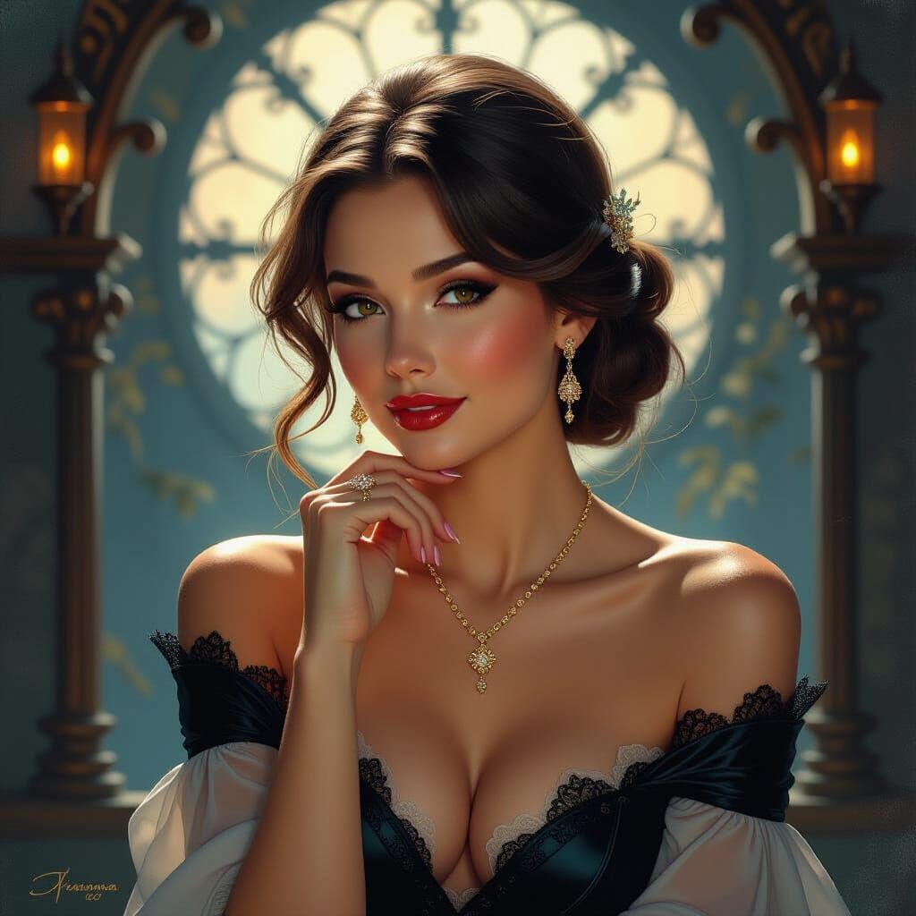 Elegant Woman in Reverie: A Romantic Oil Painting