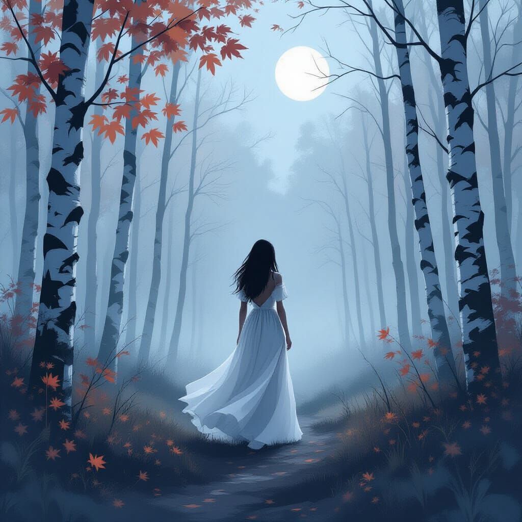 Moonlit Forest Scene with Woman in White