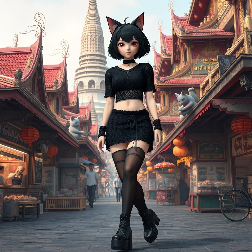 Anime Catgirl in Feline Bangkok Cityscape