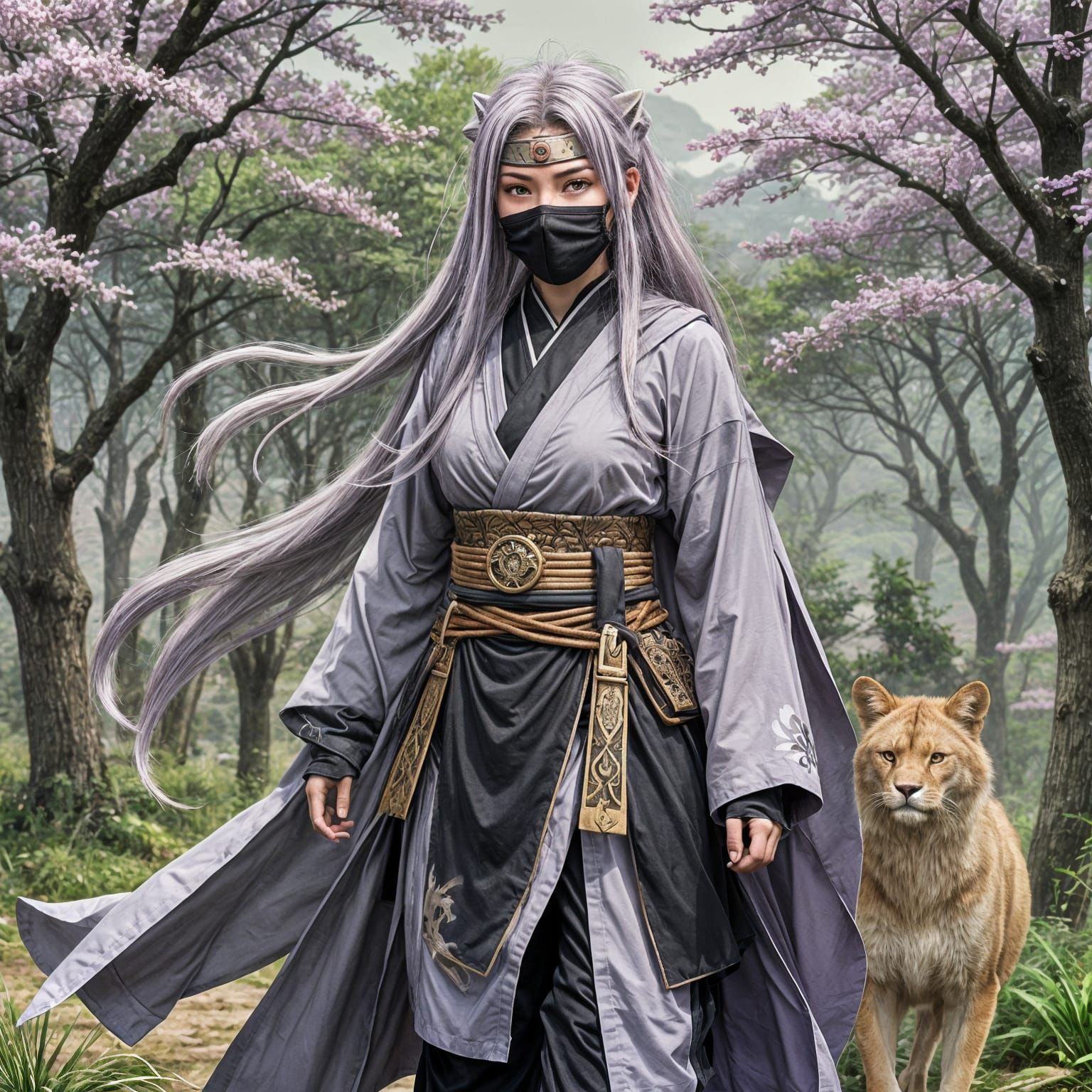In a quiet Japanese countryside, a ninja woman with long lilac hair stands confidently. He wears a customised combat out...