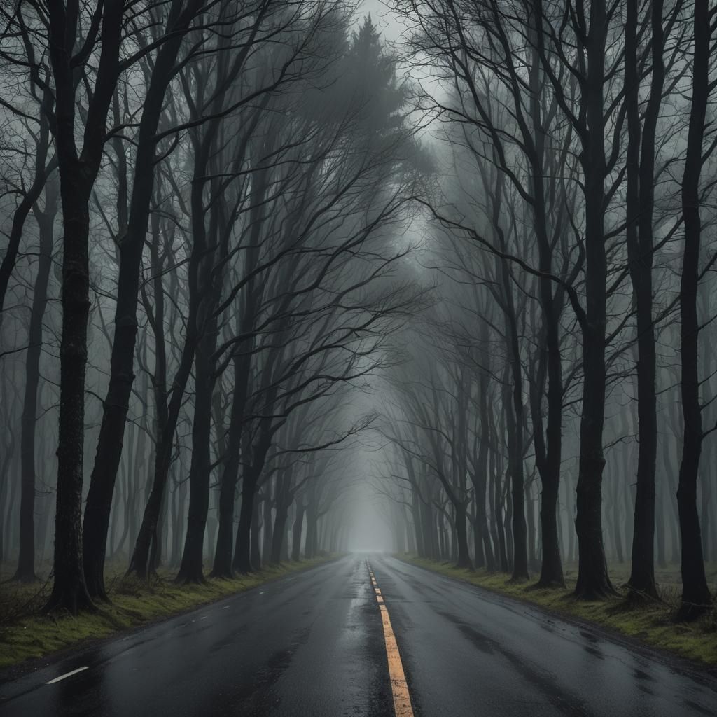 Spooky Forest Road at Night