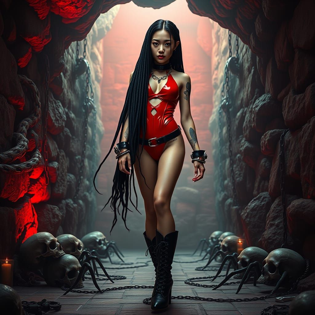 Dark Cyberpunk Goddess in Crimson Latex and Leather