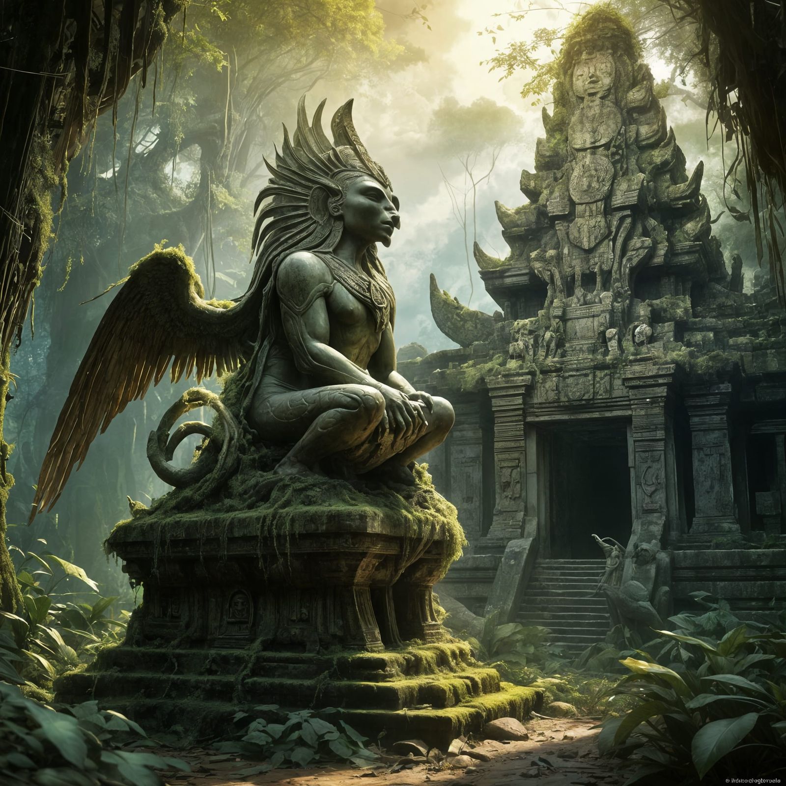 Ancient Griffin Statue Guards Jungle Temple Entrance