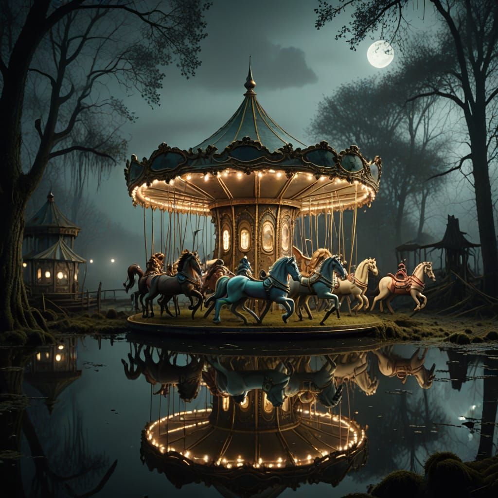 Abandoned Swamp Carousel in Eerie Moonlight