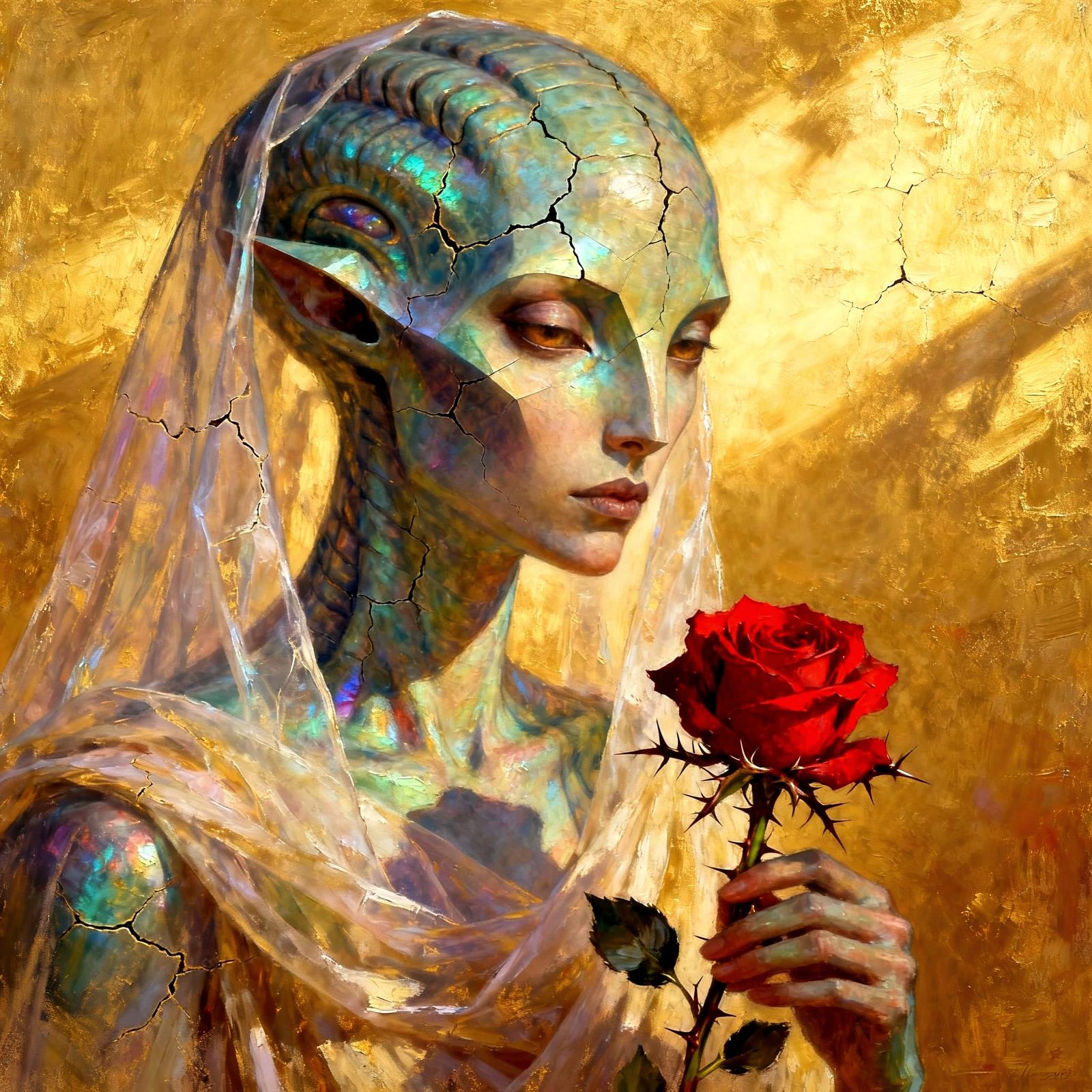 Alien Woman with Rose in Light and Shadows