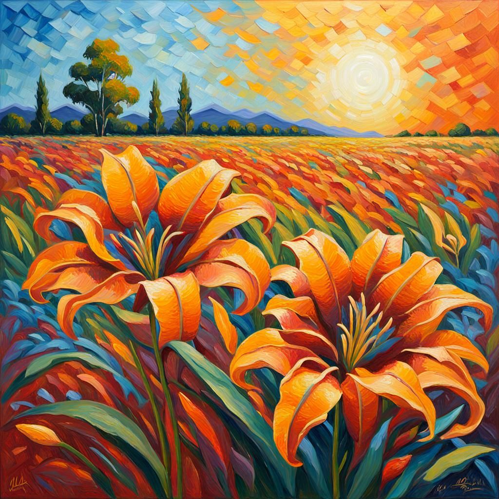 Luminous Lillies: Neo-Impressionist Oil Painting