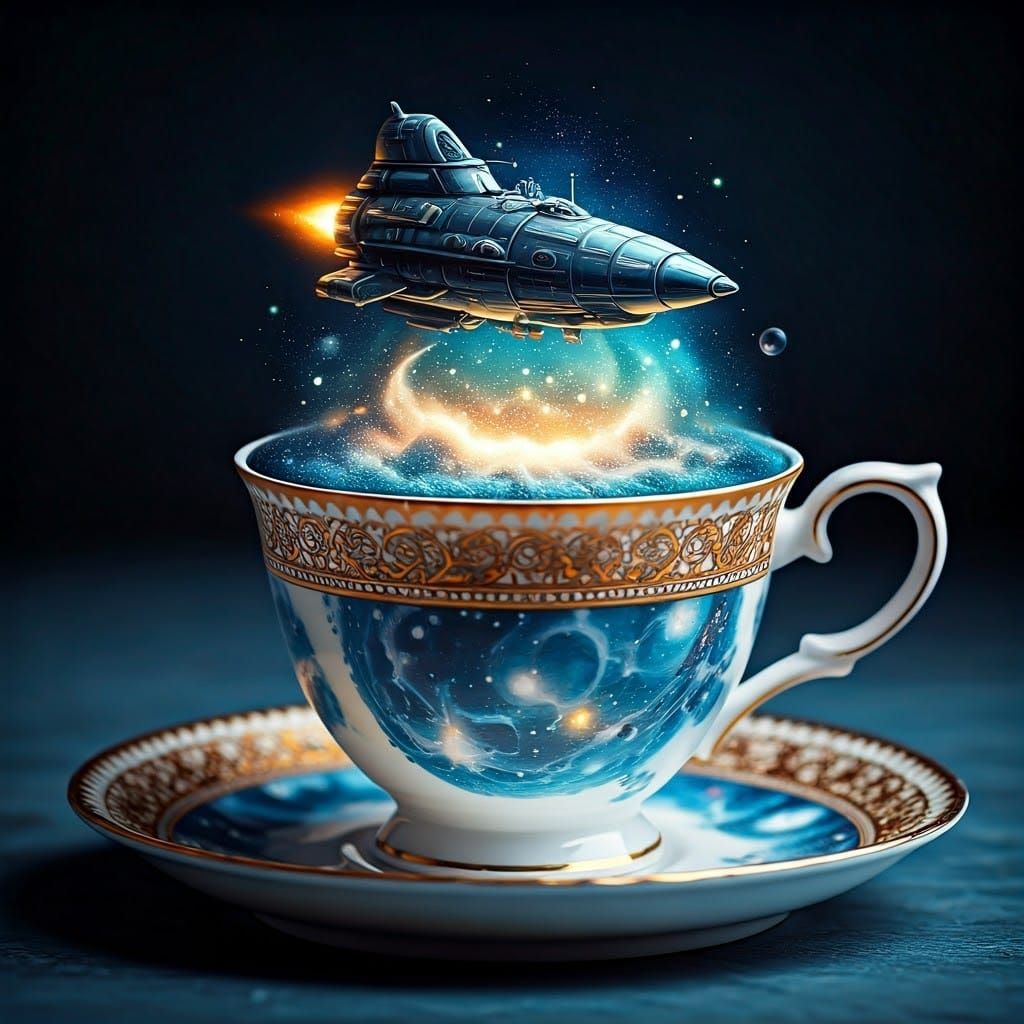 Celestial Tea in Porcelain Cup, Dreamy Sci-Fi Art